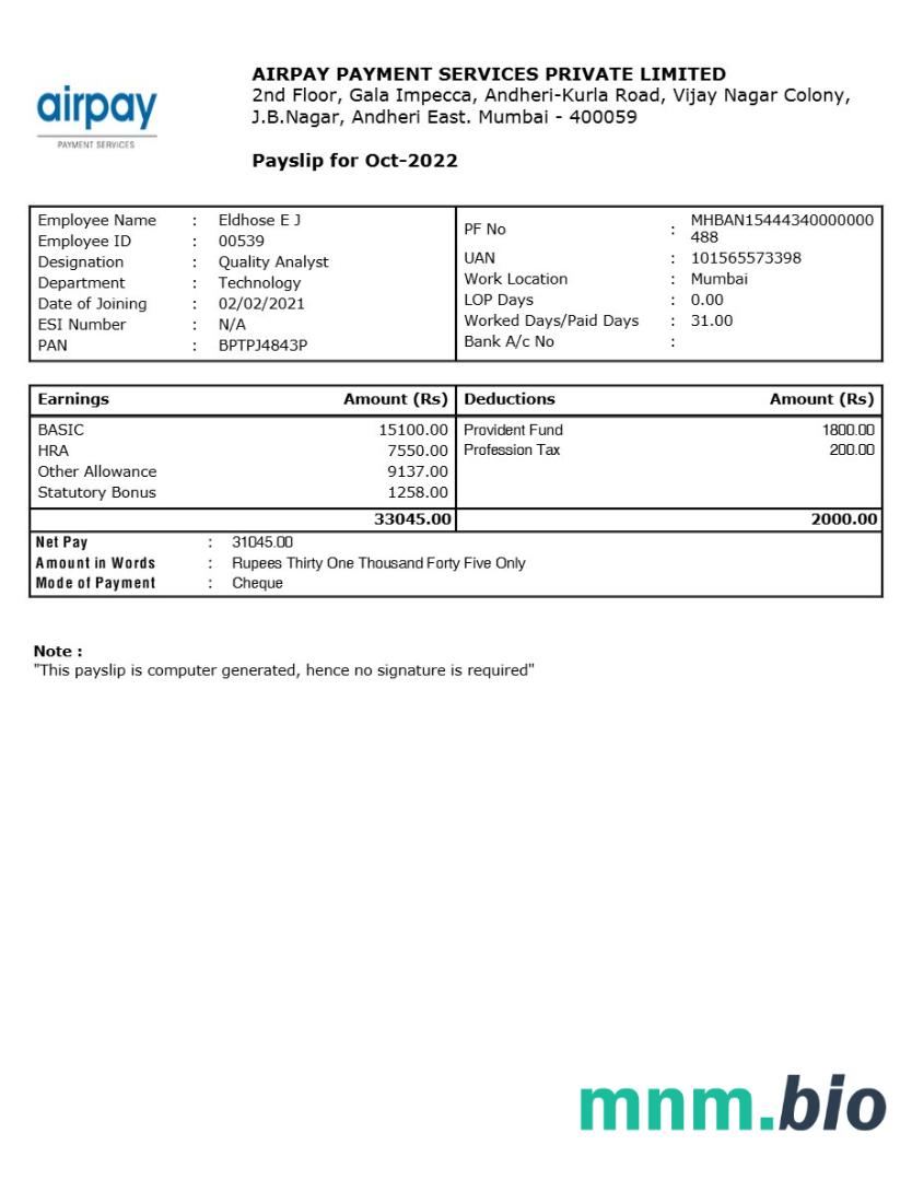 Szablon odcinka wypłaty usług płatniczych Airpay w formatach Word i PDF